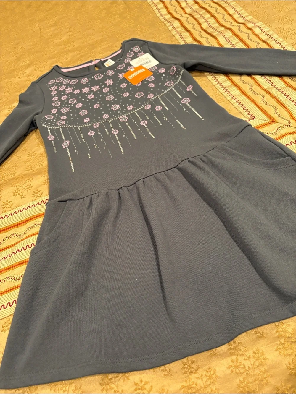 NWT Gymboree Girl’s Gray Dress with Pink Floral Accents, Cotton Blend, L (10-12)